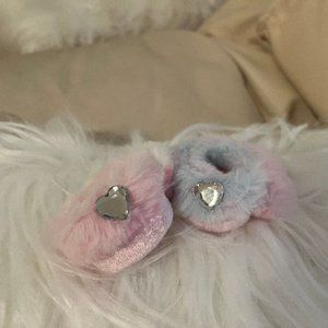 Pastel Goth Rainbow faux fur rhinestone heart slap bracelet cuff NEW SET OF 2